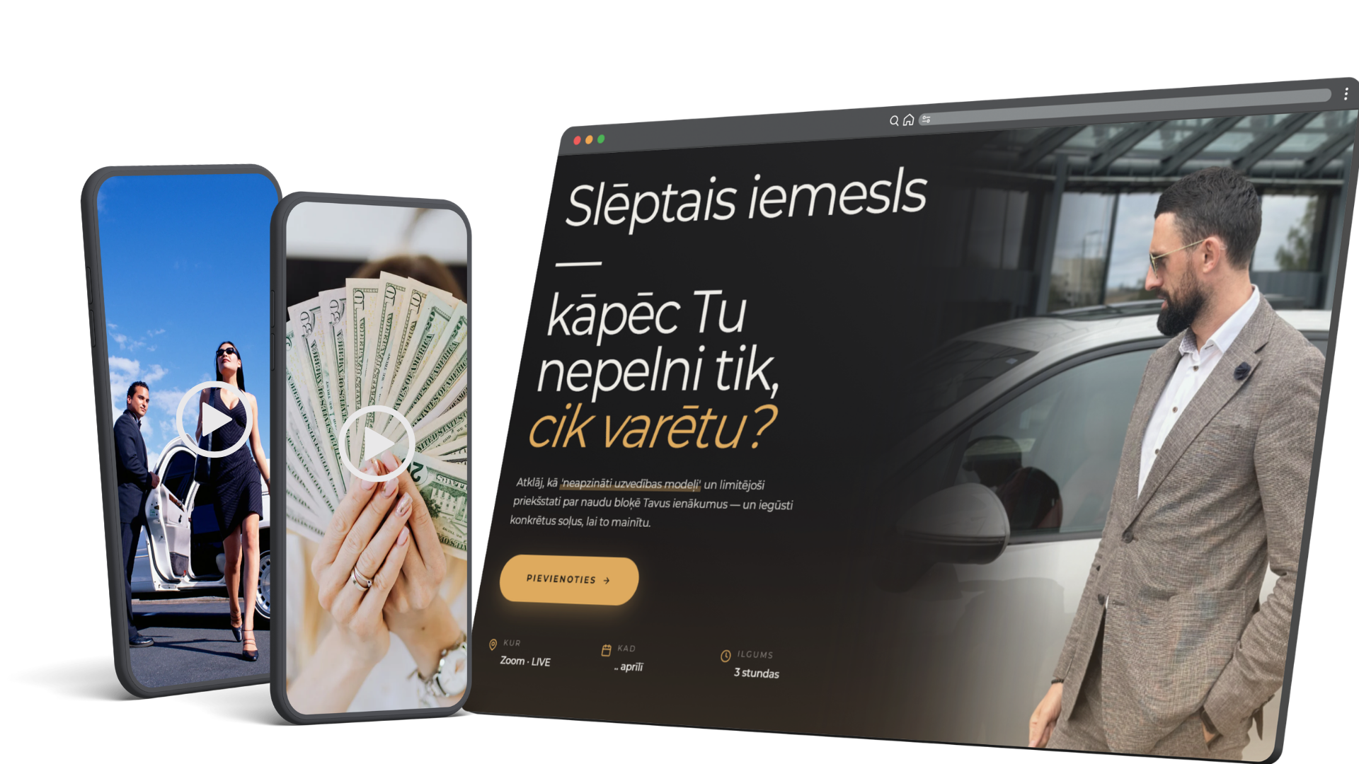 Naudas meistarklases mockup — telefoni un dators